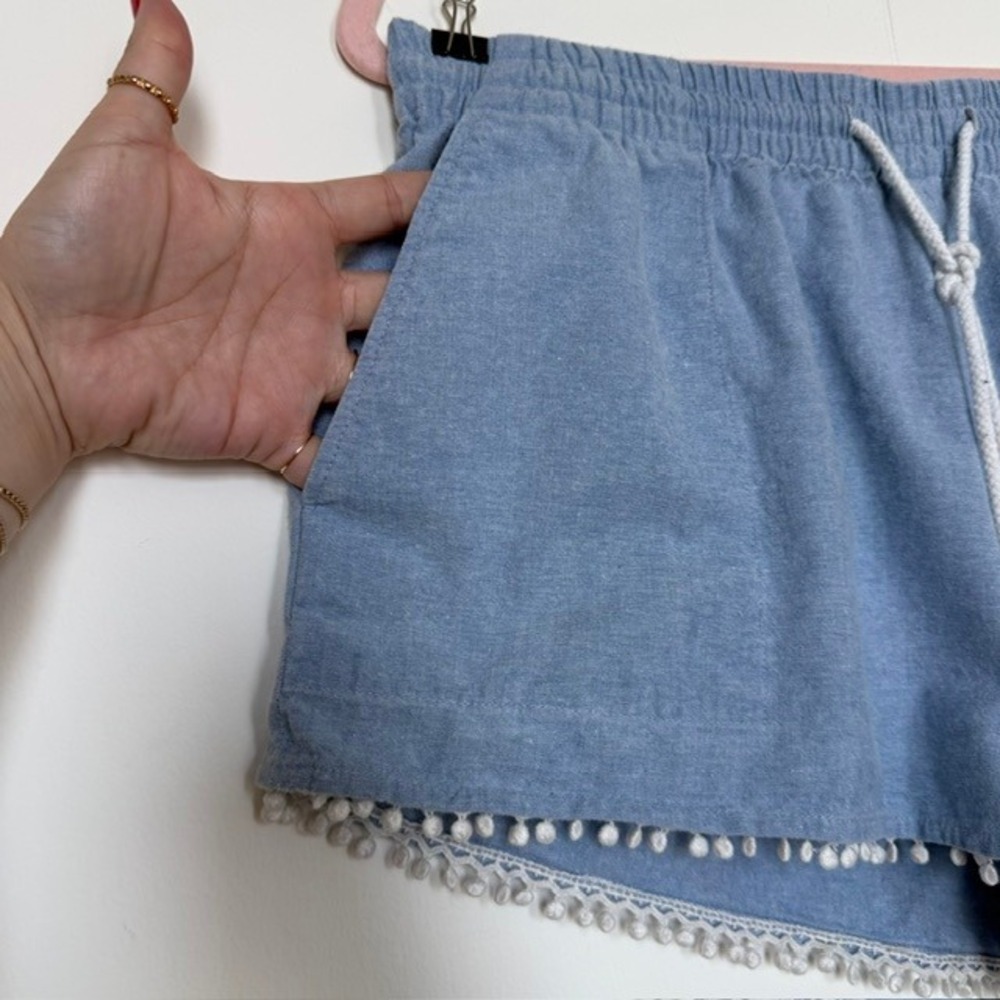 Rebecca Minkoff Chambray Drawstring Shorts with Pom Trim | Denim Shorts | S/M - Picture 5 of 8